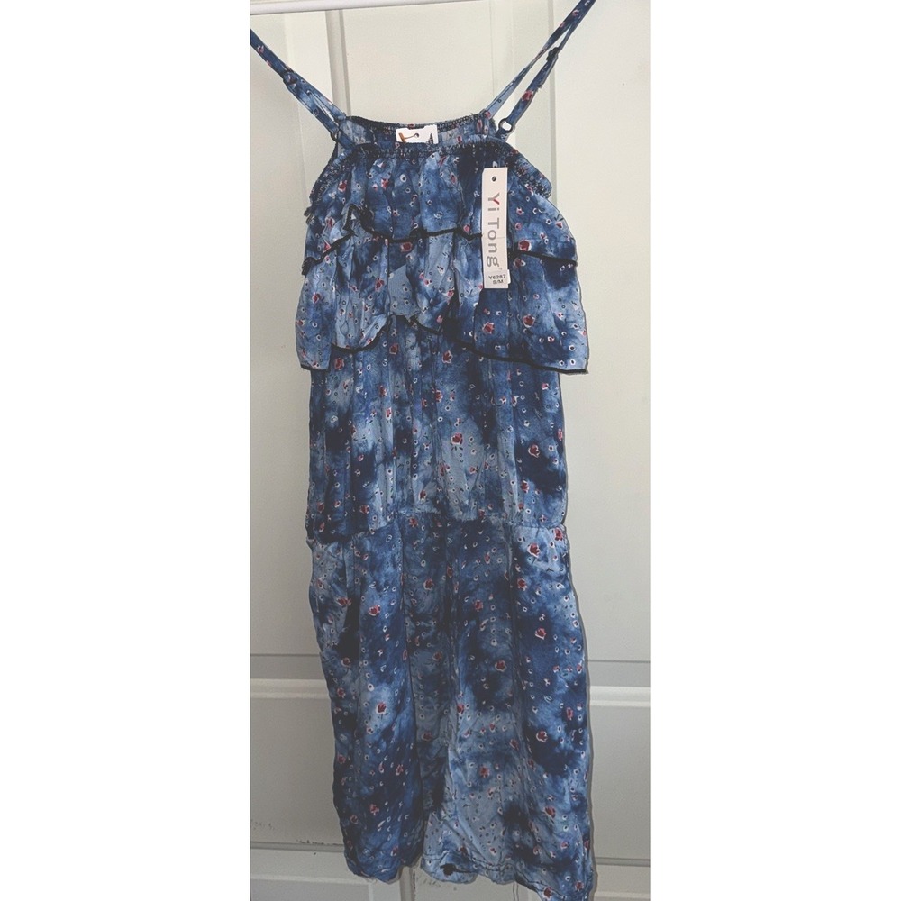 YiTong Womens Blue Floral Tie Dye Romper Adjustable Strap Pockets One Size NWT